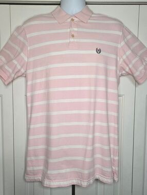 Chaps Men’s Large Polo Shirt Pink White Striped Short Sleeve 100% Cotton Preppy